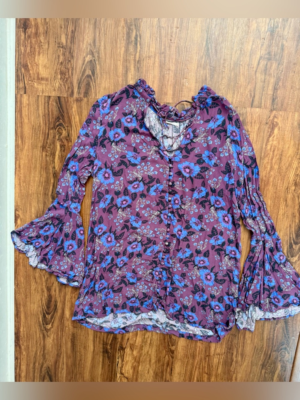 Free People Purple and Blue Floral Lace-Up Tunic Blouse, Size S